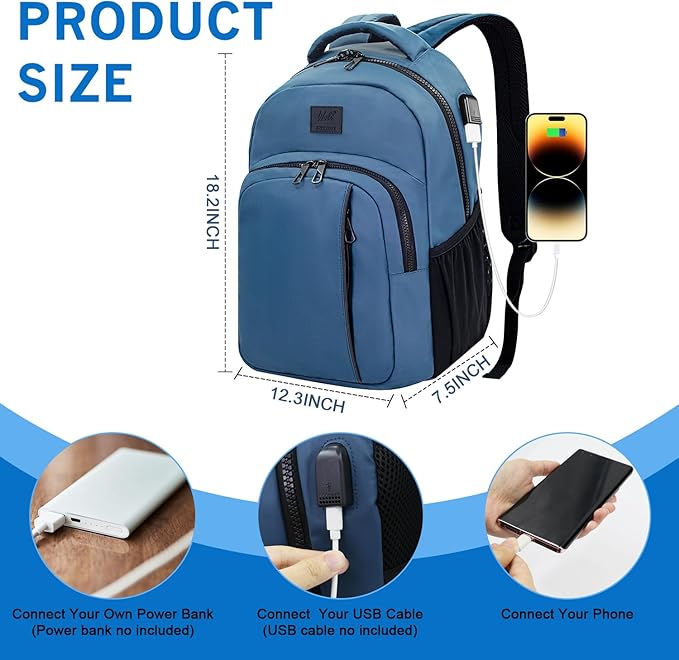 WOLT Laptop Backpack for Men Women for 15.6 Inch and 17 Inch Notebook, Travel Backpack Carry On Flight Approved with Computer Compartment, College Bookbag with USB Charging Port (Blue)