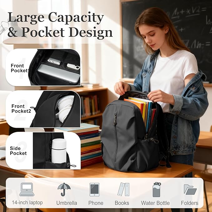 weradar Simple Black School Backpack For Women Men,Waterproof College Backpack,High School Bookbag For Teens Boys Girls,Lightweight Casual Daypack Travel Backpack