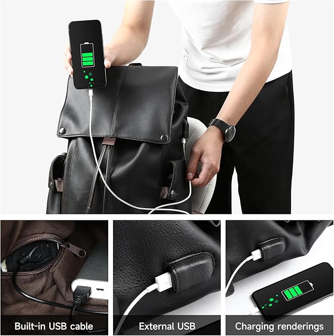 Laptop Travel Backpack For Men Vintage PU Leather Water-Resistant College School Casual 15.6" Laptop Work Backpack Gift For Male Female Black