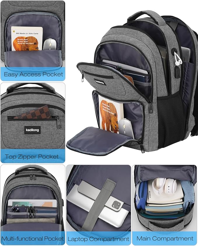Business Laptop Backpack for Men, 15.6 Inch Travel Laptop Bag Back Pack with USB Charging Port, Water Resistant Bookbag Computer Backpack for Work College, Dark Grey