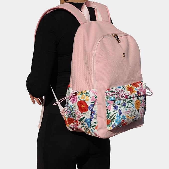ESVAN Corduroy Backpack Lightweight Fashion 17 inch Laptop Bag for Women Casual College (Corduroy Pink flower)
