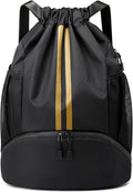 Drawstring Backpack Gym Bag with Shoes Compartment for Soccer, Basketball, Swim, Water-Resistant String Backpack Beach Cinch for Women Men, Black Gold