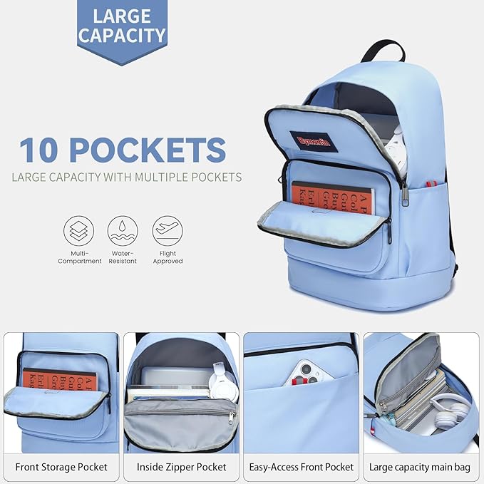 Classic Casual Backpack, Lightweight Daypack with 10 Pockets, Laptop Compartment, EVA Foam Pad (Light blue)