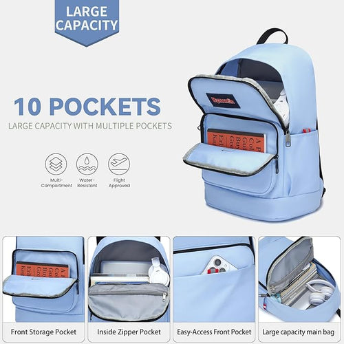 Classic Casual Backpack, Lightweight Daypack with 10 Pockets, Laptop Compartment, EVA Foam Pad (Light blue)