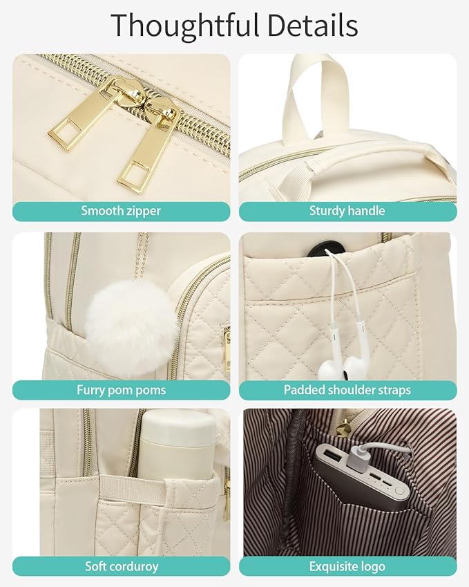 Travel Laptop Backpack Women, Water Resistant Bookbag Schoolbag with Charging Hole for Teen Girls College Students Work Bag, Beige