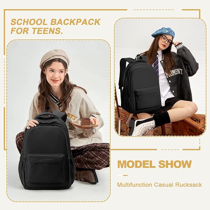 Lightweight School Backpack for Women Men, Black Laptop Travel Casual Daypack College Secondary School Bags Bookbag for Teenage Girls Boys