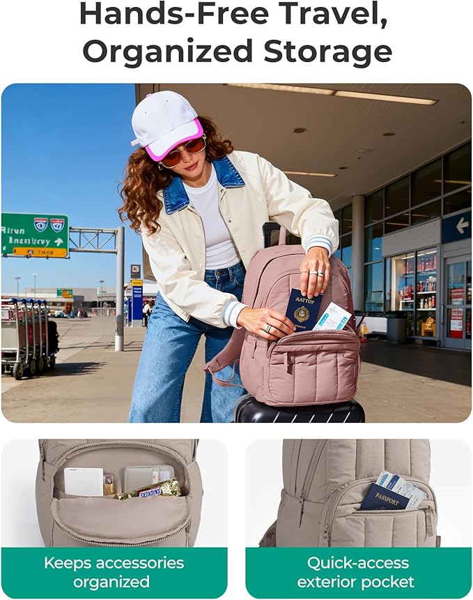 BAGSMART Womens Backpack Small Travel Laptop Backpack for Women, Quilted College Laptop Bookbag, Work Back Pack for Women, Cute Computer Water-Resistant Casual Daypack, Puffer Camel