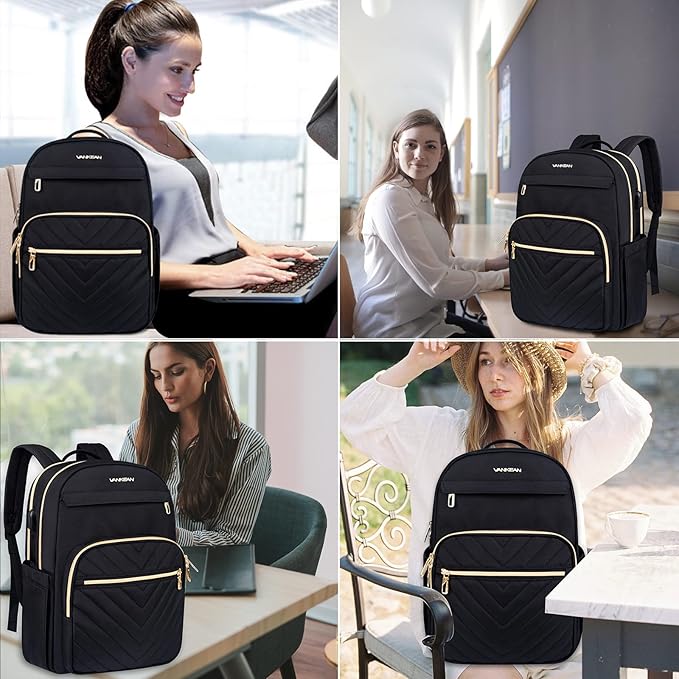VANKEAN Laptop Backpack for Women with USB Port, Laptop Computer Bag Travel Backpack Purse,Waterproof Work Business Backpack College Teacher Bags, Black