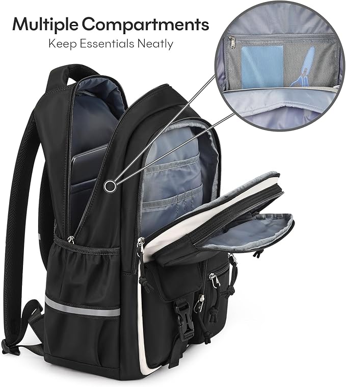 mibasies School Backpack for Teen Girls: 17.9 IN Backpack for Women with Laptop Compartment for Middle High Elementary School College Travel- Kids Bookbag Black Beige