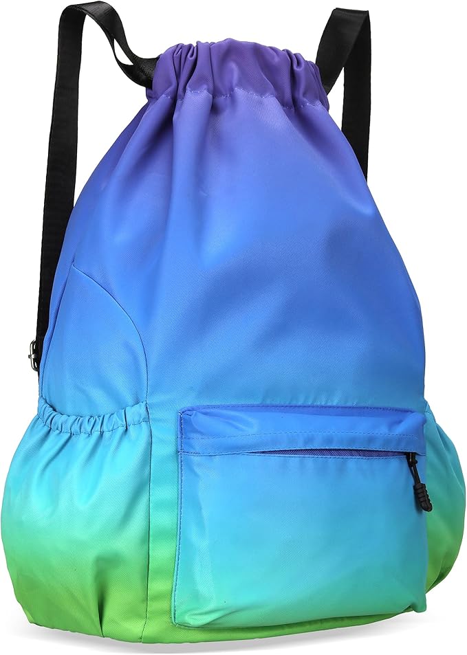 Drawstring Backpack for Women Drawstring Gym Bag Water Resistant Small Cinch Sack Pull String Backpack Bag (Blue-Green)