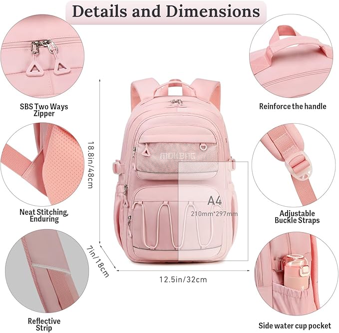 Cusangel Teen Girls Backpack for School,18in Student Laptop Pink Backpack For College,Travel Large Capacity Bookbag,Waterproof Daypack