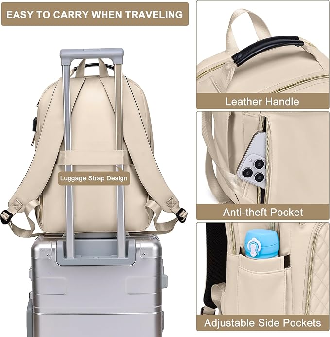 Backpacks for Women, School Backpack for Teen Girls, 15.6 Inch Cute Quilted Laptop Backpack with USB Charging, Large Bookbag for Middle School College Students,Beige