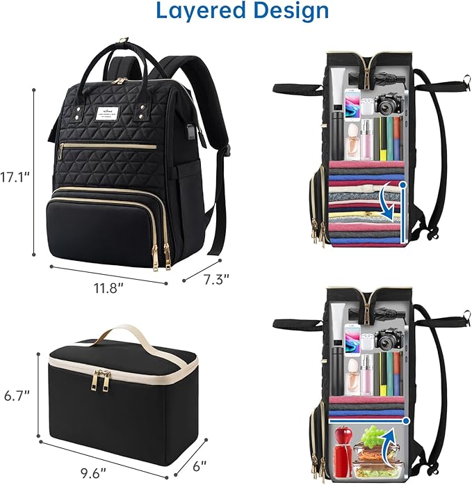 ETRONIK Lunch Backpack for Women, 15.6 inch Laptop Backpack with USB Port, Teacher Nurse Work Backpack with Cooler Bag Insulated Laptop bag Gifts for Women Men, Black