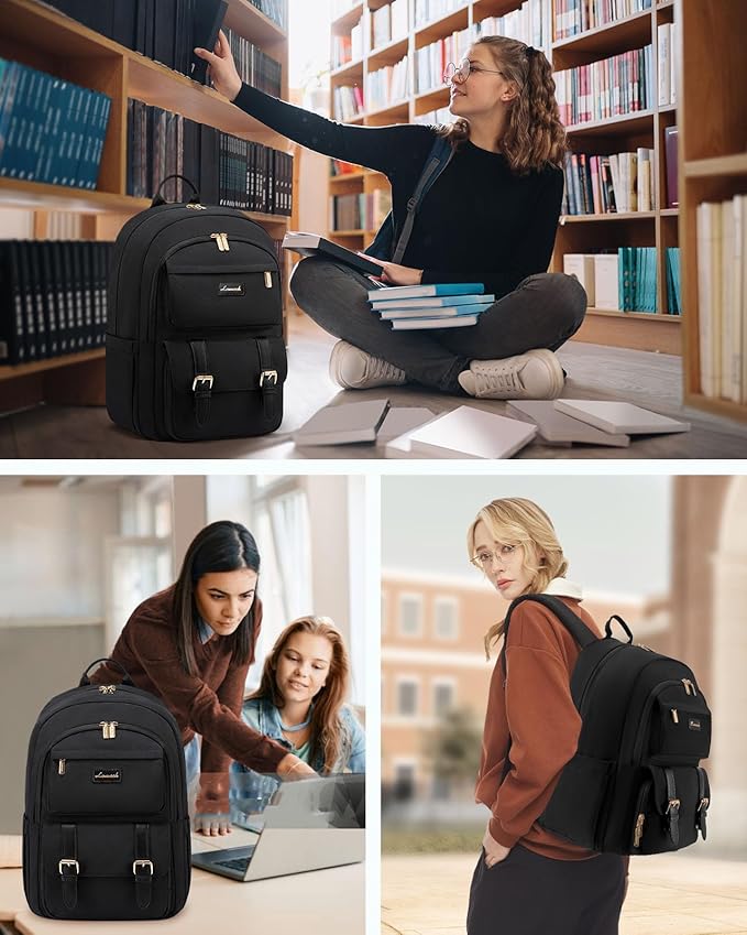LOVEVOOK School Backpack for Women 15.6" Black Bookbag for Girls in Highschool College Casual Daypack Backpacks Water Resistent
