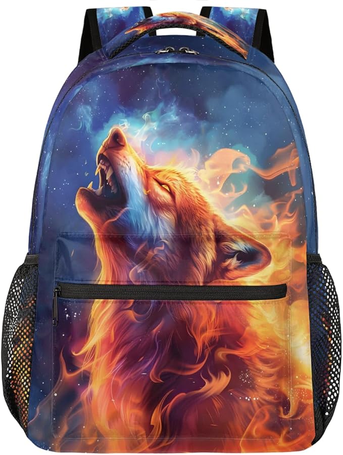 Pardick Wolf Fire Backpack for Kids Girls Boys Lightweight School College Students 18in Bookbag Large Capacity Computer Backpacks Laptop Rucksack Travel Gym Hiking Camping Daypack