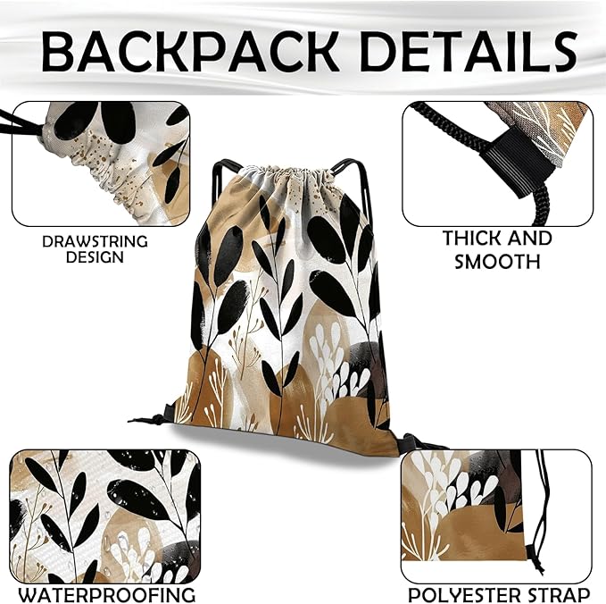 Drawstring Backpack Draw String Bag Waterproof for Sports Gym Beach Travel Cute Aesthetic Sackpack Men Women (13"×17")-Brown Leaf