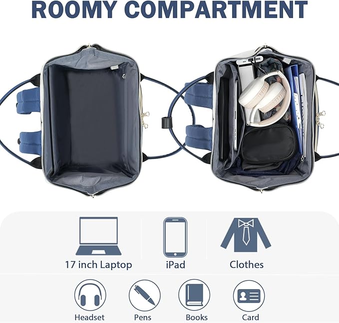 KROSER Laptop Backpack 17" Stylish Backpack Water Repellent College Casual Daypack with USB Port Travel Business Work Bag for Men/Women-Beige/Haze Blue