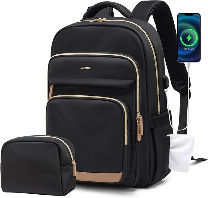 Laptop Backpack for Women,Travel Backpack with Laptop Compartment,Casual Daypack College Bookbag Computer Backpack for Work with Small Organizer Bag,Black