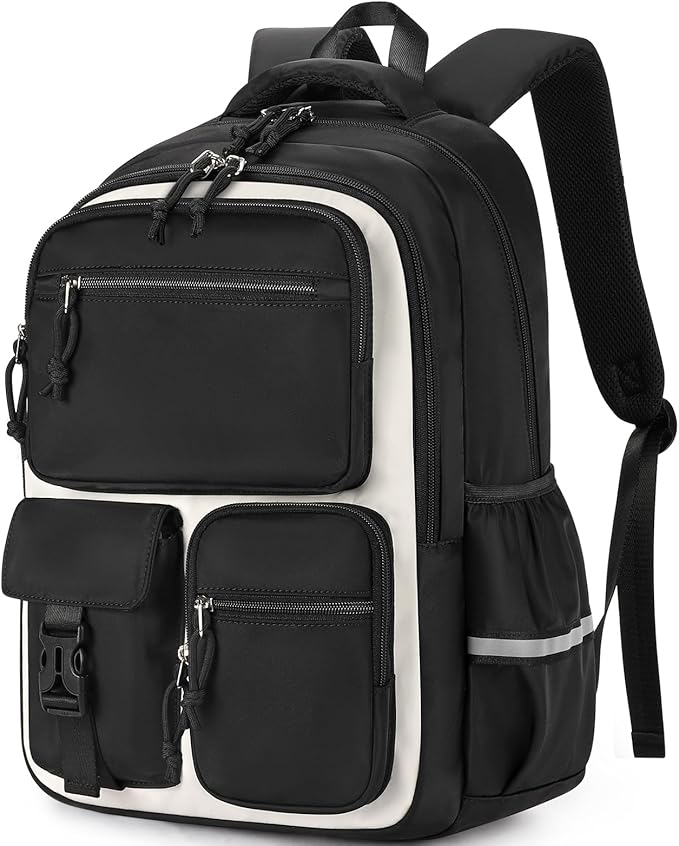 mibasies School Backpack for Teen Girls: 17.9 IN Backpack for Women with Laptop Compartment for Middle High Elementary School College Travel- Kids Bookbag Black Beige