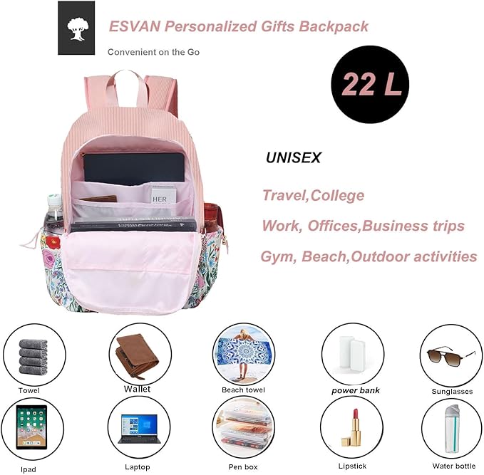 ESVAN Corduroy Backpack Lightweight Fashion 17 inch Laptop Bag for Women Casual College (Corduroy Pink flower)
