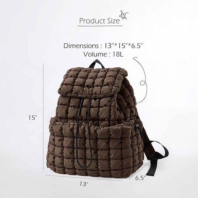 ODODOS Quilted Backpack 2.0 for Women Lightweight Puffer Hiker Pack Drawstring Padding Travel Gym Bag, Dark Brown