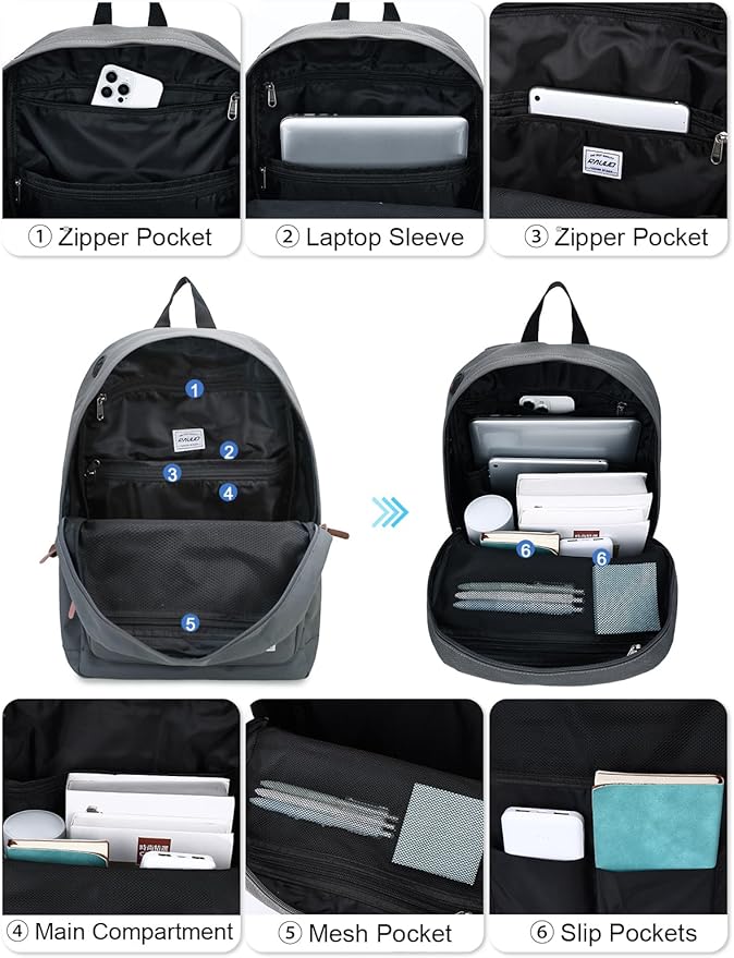 RAVUO School Backpack for Men Women | Classic Bookbag for 15.6 inch Laptop Water-Resistant College Daypack for Travel, Grey