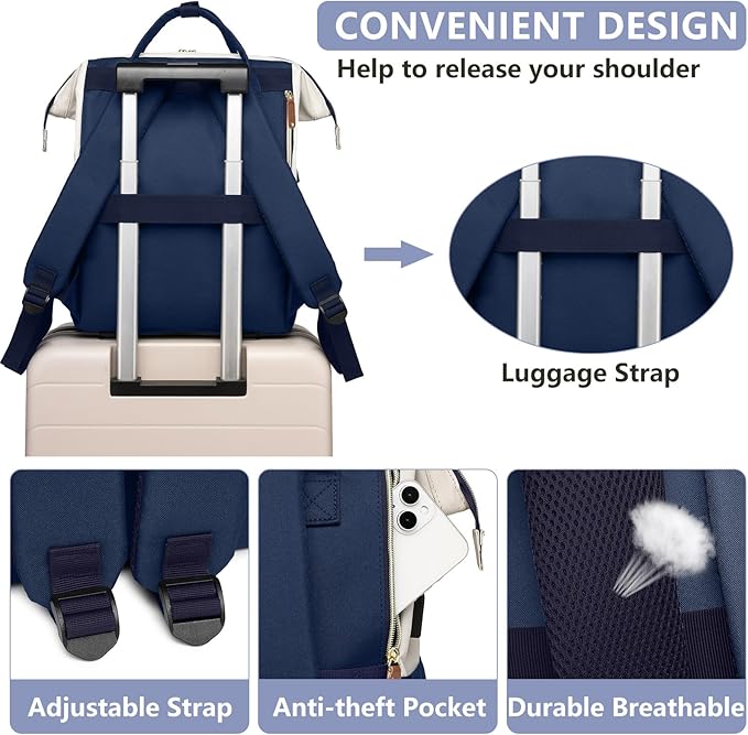 Laptop Backpack for Womem Work Bags: 15.6 Inch Travel BackPacks Durable Back Pack With USB Charging Port Anti Theft Fashion College BookBag Purse Bussiness Daypack for Nurse Teacher Navy Beige