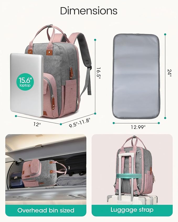 Extra Large Diaper Bag Backpack for Two Kids Twins - Expandable Baby Bag (26-36L), Dual Big Compartments - Includes Changing Pad & Stroller Straps, Unisex Pink Grey