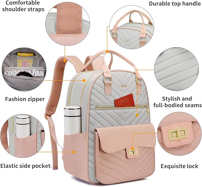 Bookbag for Girls,College Backpack with Laptop Compartment for School Travel,Student Computer Bag Mochilas Escolares,Pink Gray