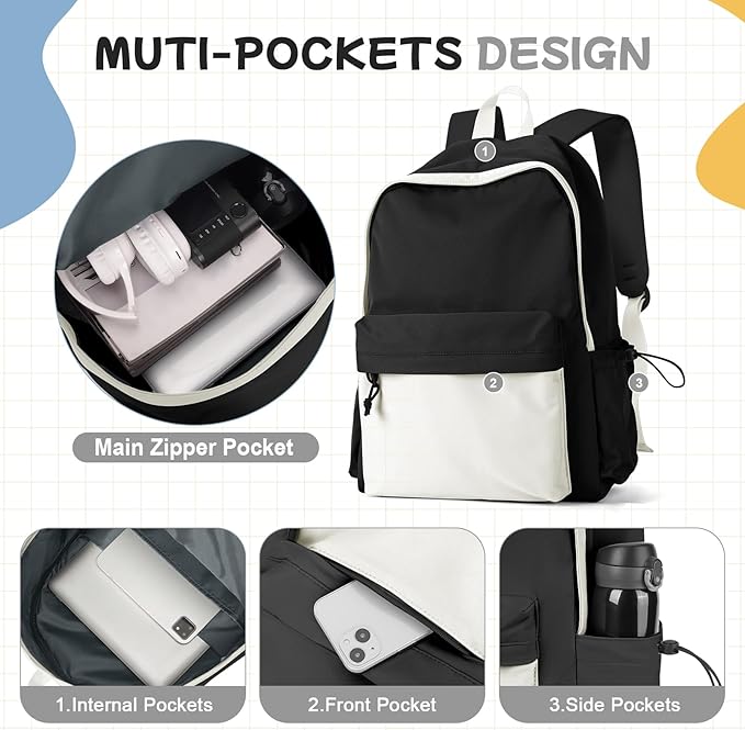 BJLFS Black White Backpack for School, High School Bookbag Back Pack for Teens Girls Boys, Lightweight College Backpack Book Bag for Women Men, Simple Casual Daypack Backpack Mochilas Escolares para