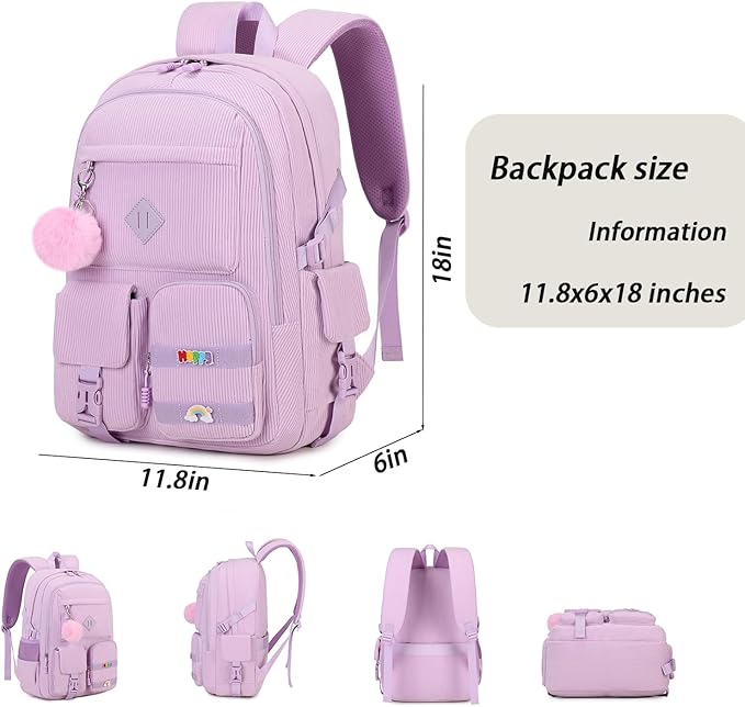 Girls Laptop Backpack Corduroy Bookbag For Teen Big Studen School Bag Durable Travel Daypack (Purple)