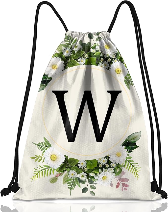 Initial Letter Drawstring Backpack String Sports Gym Bags Waterproof Sackpack Cute for Men Women Beach (13"×17") (Letter-W)
