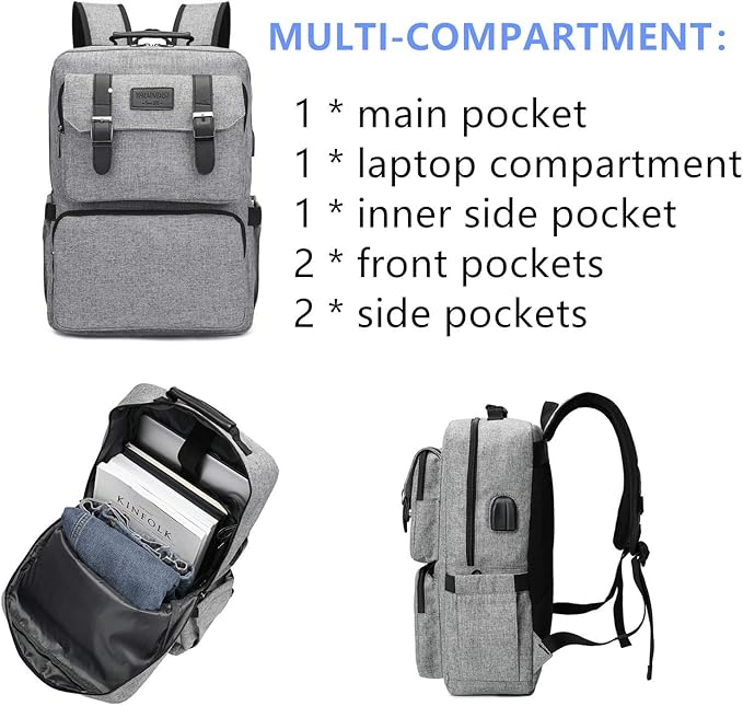 YALUNDISI Laptop Backpack for Women Men Vintage Backpack Bookbags Anti Theft Bookbag 16 inch Grey