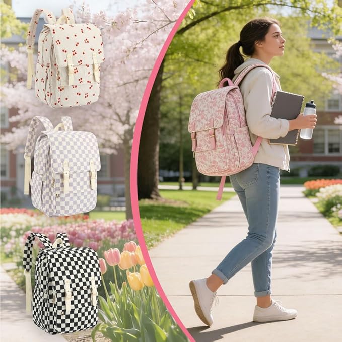 Women Laptop Backpack, Corduroy 15.6" Travel Backpack for Work College Business, Teacher Nurse Bag with Large Capacity School Bookbag Bags for Girls - Flowers Pink