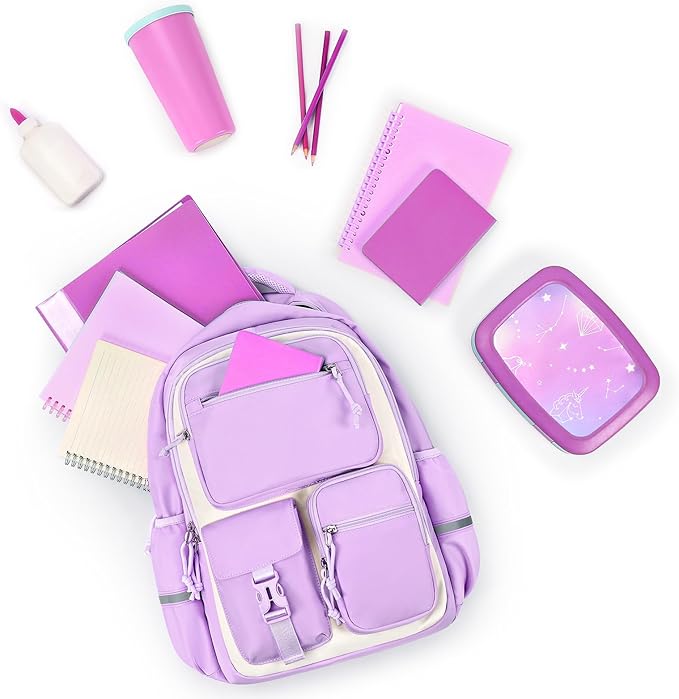 mibasies School Backpack for Teen Girls: 17.9 IN Backpack for Women with Laptop Compartment for Middle High Elementary School College Travel- Kids Bookbag Light Purple Beige