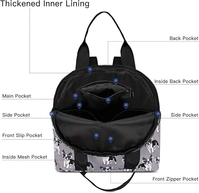 Women’s Backpack Purse Medium Size with Trolley Sleeve, Adjustable Strap/Top Handle, Water Resistant Travel Daypack, Gray Dog