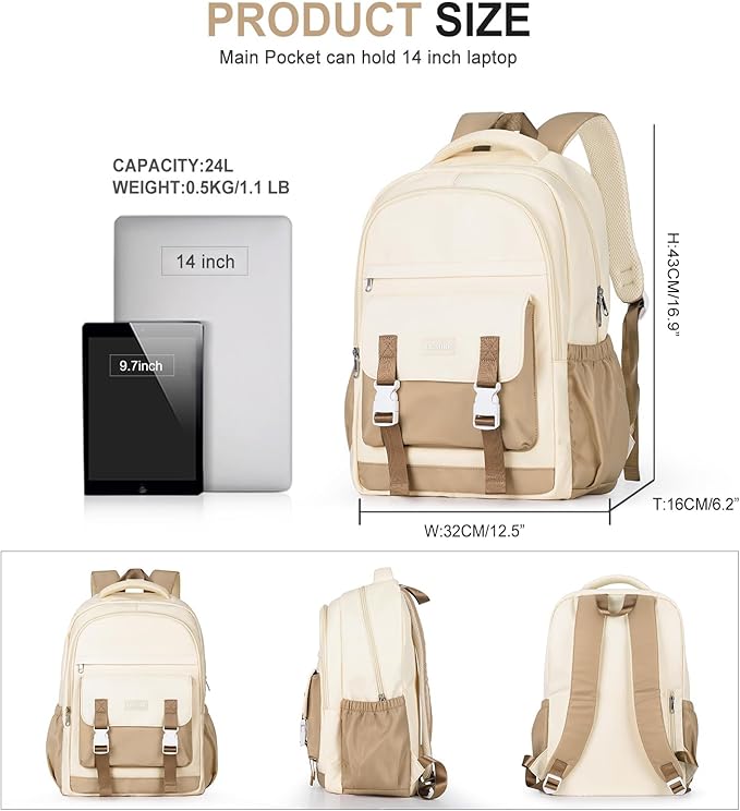 School Backpack For Women Men College Backpack With Lots Of Pockets Cute BookBag Casual Daypack Backpacks For Teens Girls Boys Waterproof(Beige)