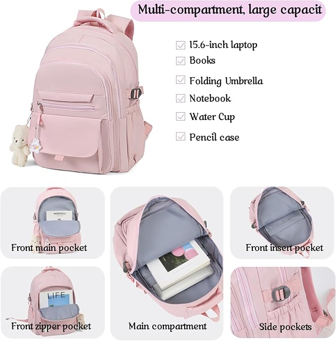 Girls Backpack for College High Middle School Student, Cute Aesthetic Bookbag for Teens Women with Accessories,Pink