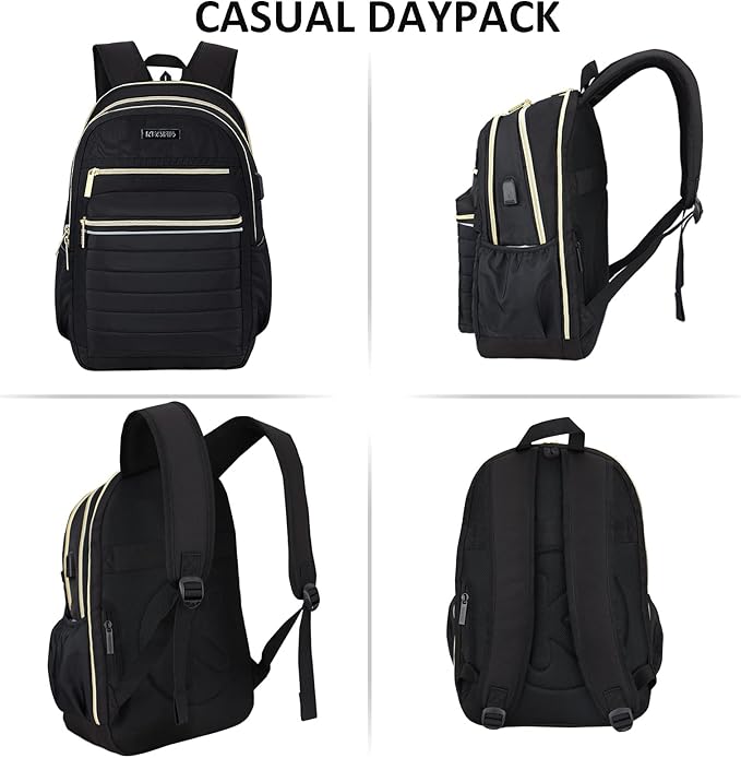 KEOFID Casual Backpack for Women, Work Backpack for Women, Back pack for School College, Carry-On travel backpacks, Anti-Theft Womens backpacks, School bookbag for girls(Black and Gold)