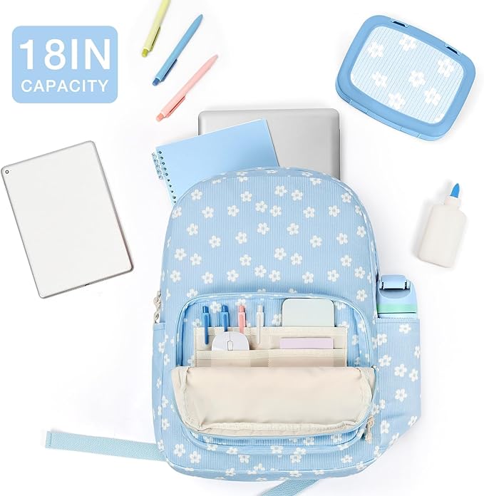 mibasies School Backpack for Girls with Laptop Sleeve: 18IN Large Capacity Corduroy Bookbag for Primary Middle School/College, Travel Daypack for Teens Women - Blue Flower