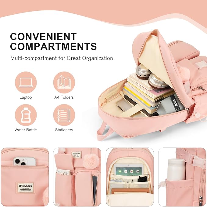 Backpack for Teen Girls, 15.6 Inch Laptop Backpack Cute Kids Bookbag for Middle School College Students, Large School Bag for Women (Pink)