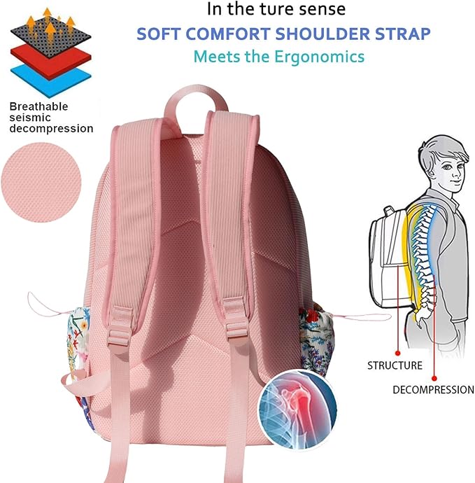 ESVAN Corduroy Backpack Lightweight Fashion 17 inch Laptop Bag for Women Casual College (Corduroy Pink flower)