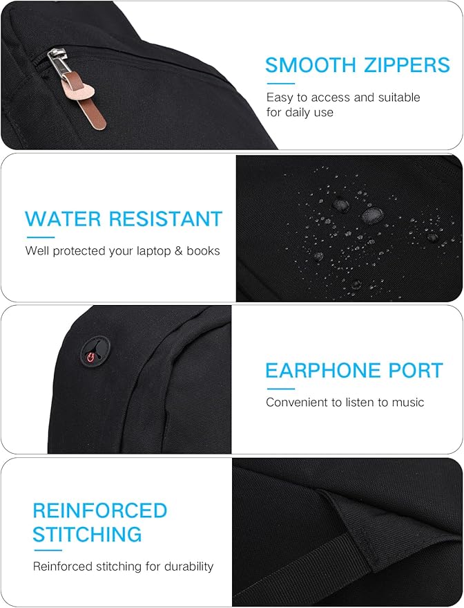 RAVUO Black School Backpack for Men Women | Classic College Bookbag for 15.6inch Laptop, Water Resistant Casual Daypack Schoolbag for Travel, Work