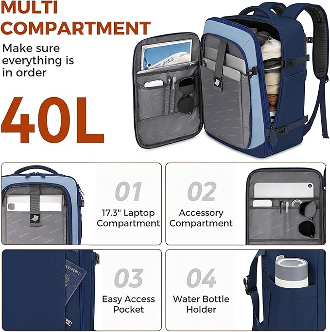 Vancropak 40L Carry On Travel Backpack, Flight Approved Expandable Weekender Bag with 3 Packing Cubes, Suitcase Backpack Fits 17" Laptop, Water Resistant Anti Theft Daypack Bag for Men Women, Blue