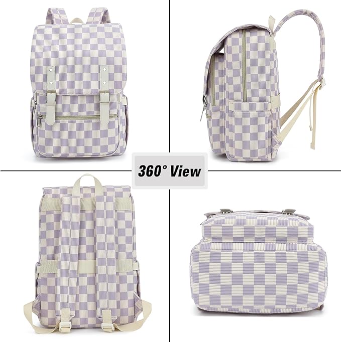 Corduroy Travel Backpack for Women, 15.6 Inch College Laptop Backpack, Fashion School Bookbag Work Backpacks (Corduroy Checkered Purple)