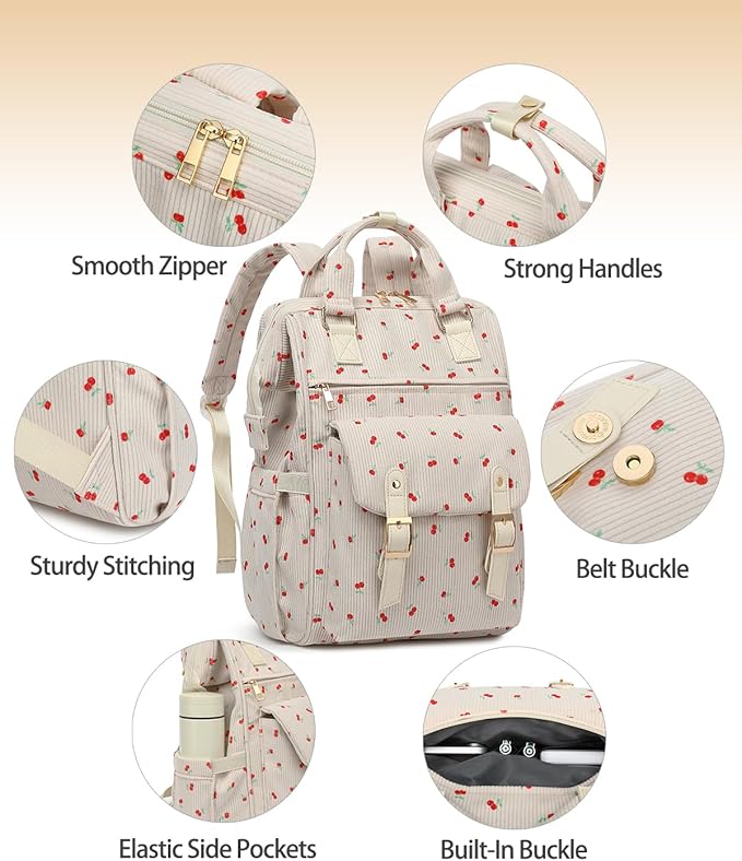 Laptop Backpacks for Women, Corduroy High School College Bookbag 15.6 Inch Laptop Bags for Girls Travel Daypack - Cherry Beige