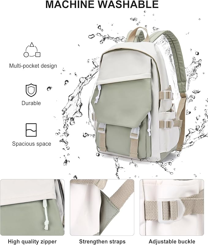 coowoz School Backpack Kids College Aesthetic Cute Backpack Lightweight Casual Daypack Laptop Backpacks Men Women Rucksack Sport High Middle School Bookbag for Girls Boys Gray Green white
