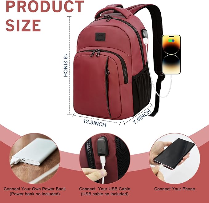 WOLT Laptop Backpack for Men Women for 15.6 Inch and 17 Inch Notebook, Travel Backpack Carry On Flight Approved with Computer Compartment, College Bookbag with USB Charging Port (Red)