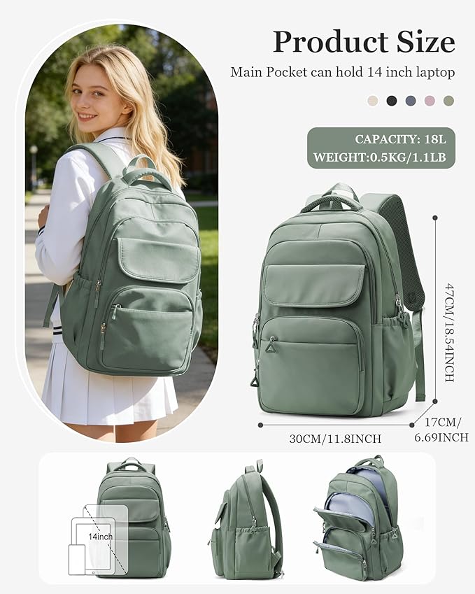 School Backpack for Women Men Cute Backpack for College Students Lightweight High School bag for Teens Girls Boys Waterproof Casual Daypacks Bookbag(Green)