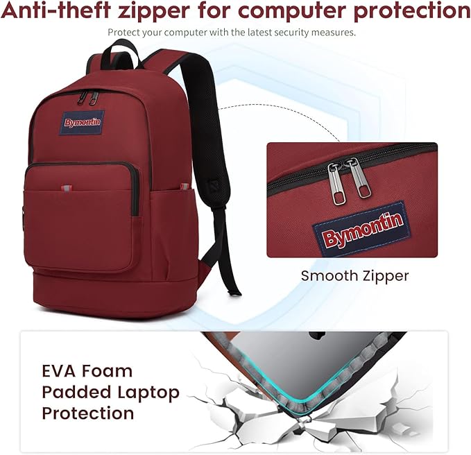 Classic Casual Backpack, Lightweight Daypack with 10 Pockets, Laptop Compartment, EVA Foam Pad (Wine red)